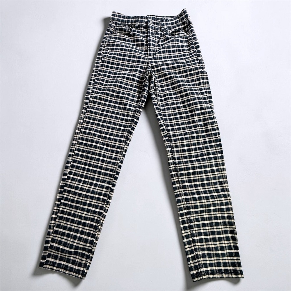 American Eagle Plaid High Waisted Stretch Pants Navy Blue Cream Womens 6 Long